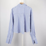 xakxx Women Casual Stripes Short Shirt Front Buttons Turn-Down Collar Embroidery Logo Ladies Long Sleeve Blouses