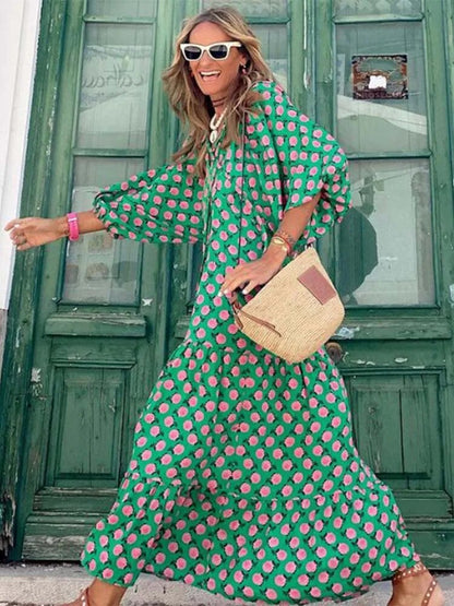 xakxx- Half Bubble Sleeves V-Neck Long Dress Women's Casual Loose Maxi Dress Green Geometric Printed Robe Bohemian Party Dresses