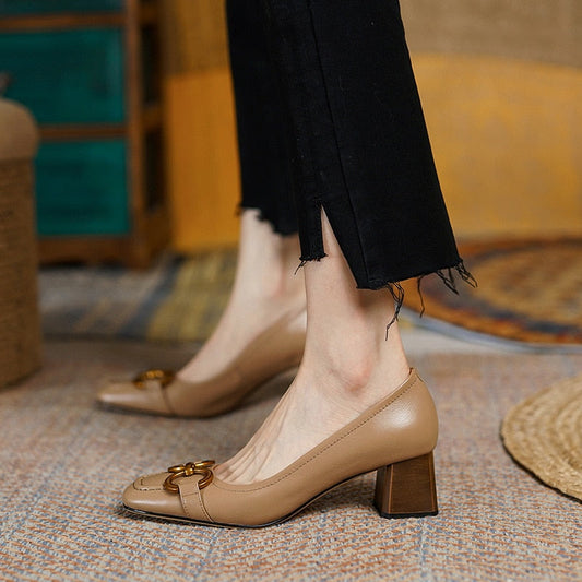 xakxx Fall Outfit French Retro Metal Ladies Shoes Spring Buckle Square Head Women's Single Shoes Classic Thick Heels Soft Leather Female Pumps