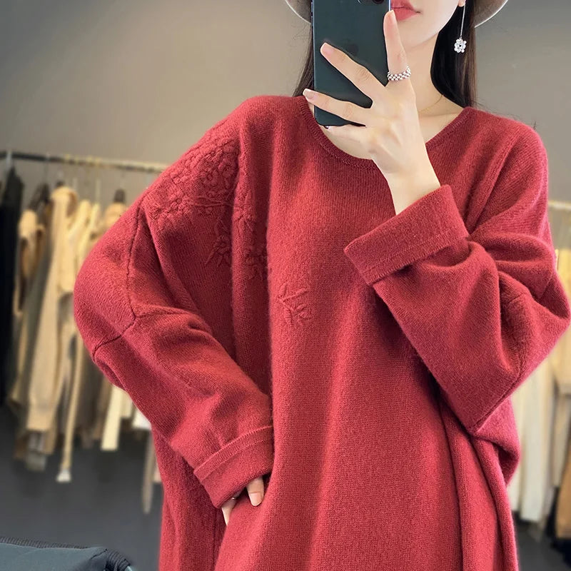 xakxx xakxx-Autumn and winter round neck cashmere dress female loose lazy wind embroidery plus size sweater pure wool knitted dress