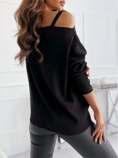 xakxx- Asymmetric Off Shoulder Tops Women Long Sleeve Chain Shirts Autumn Tunic Elegant High Street OL Blouse