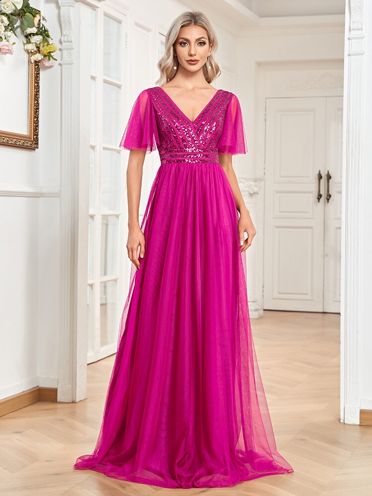xakxx Elegant Evening Dresses A-LINE Chiffon Short Sleeve V-Neck  Simple Sequins Wedding Party Bridesmaid Dress Women