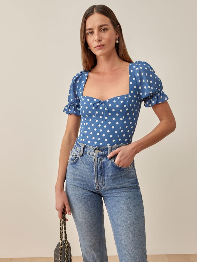 xakxx Summer Women Blue Polka Dot Print Shirt Retro Elastic Ruched Back Square Collar Short Sleeve Short Blouse Tank Tops