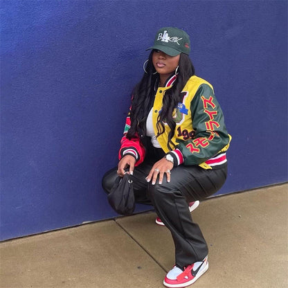xakxx Autumn outfits Long Sleeve Tops Ladies Print Coat Varsity Jacket Women Yellow Streetwear Fall Winter Patchwork Jackets For Women