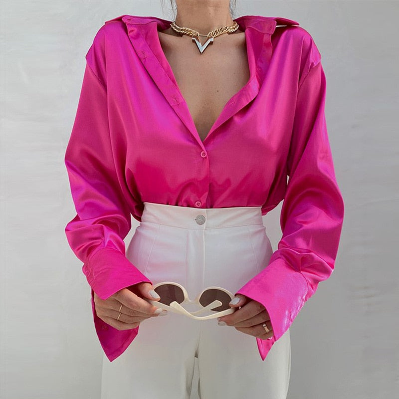 xakxx Satin Long Sleeve Blouses Women  Vintage Blue Green Silk Shirt Women Casual Loose Button Up Down Shirts Elegant Tops 18913