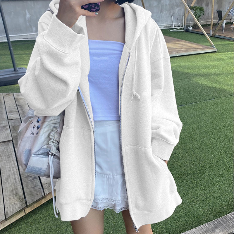 xakxx Korean Style Oversize Gray Hoodies Women Streetwear Loose Hooded Sweatshirt Female Casual Black Long Sleeve Tops Jacket