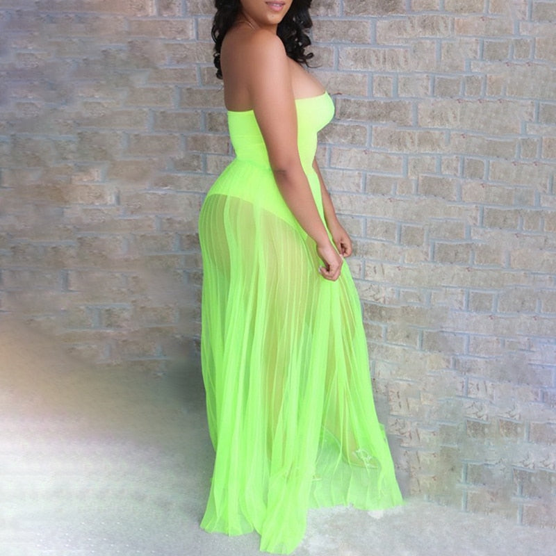 xakxx Fashion Women Mesh Maxi Dress Robes Beachwear Off Shoulder Leaf Print Tube See-Through Pleated Long Party Club Dress