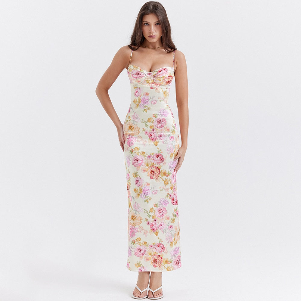 xakxx  Summer Spaghetti Strap Maxi Party Dresses Casual White Floral Print Slim Go Out Holiday Dress Cute New In Dress
