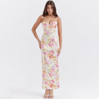 xakxx  Summer Spaghetti Strap Maxi Party Dresses Casual White Floral Print Slim Go Out Holiday Dress Cute New In Dress