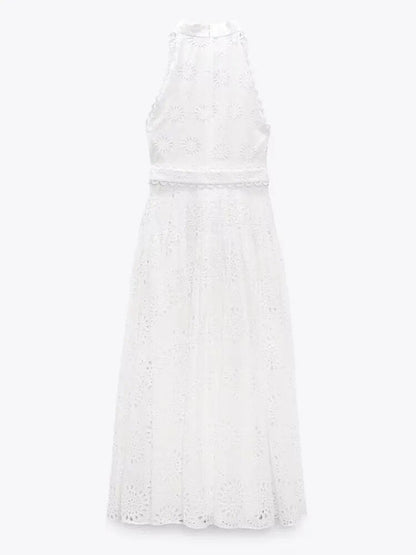 xakxx- New Women's Temperament Casual Fashion Ruili Hollow Out Embroidery Midi Dress