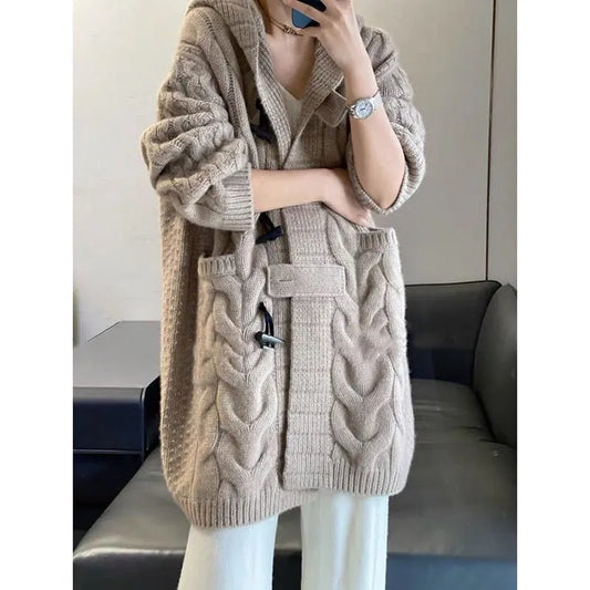 xakxx xakxx-Fall/winter cashmere hooded knit cardigan sweater coat women's long loose lazy wind thickened horn button coat