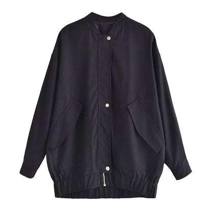 xakxx - New Women's Casual Vibrant Temperament Fashion with Flap Front Pockets Black Long Bomber Jacket Outerwear