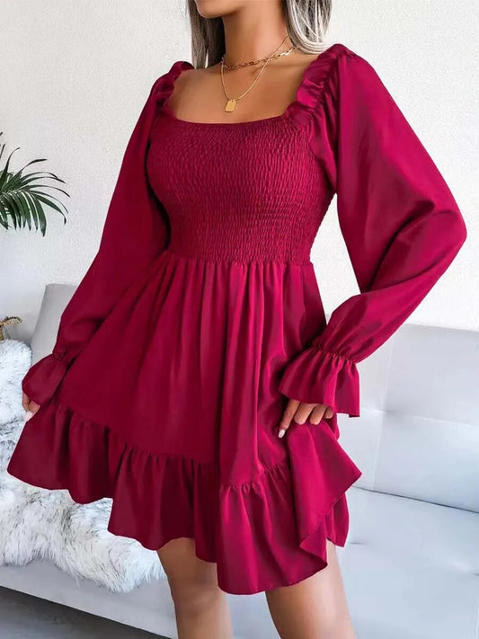 xakxx- Vintage Square Neck Mini Skirt Women Solid Color Long Sleeve Dress Young Girl Autumn A Line Party Dresses