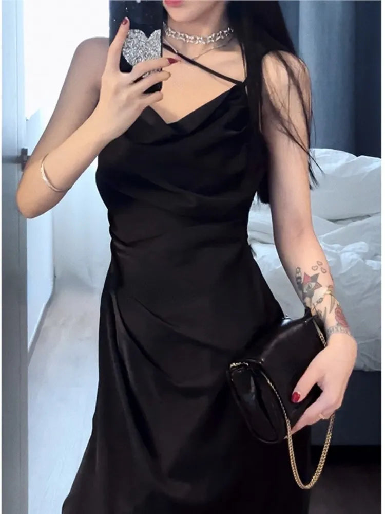 xakxx Sexy Sleeveless Strap Women Midi Dress Fashion Club Even Party Stain Clothes Slip Pure Color  Summer Robe For Fiesta Banquet