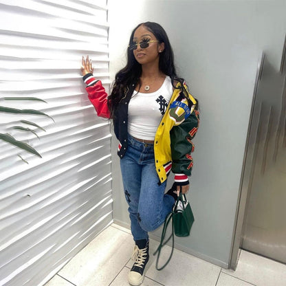 xakxx Autumn outfits Long Sleeve Tops Ladies Print Coat Varsity Jacket Women Yellow Streetwear Fall Winter Patchwork Jackets For Women