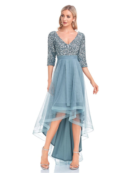 xakxx Elegant V-Neck Short Sleeve Sequin Evening Dress Prom Wedding Party Cocktail Dresses Robe Vestido De Fiesta For Women