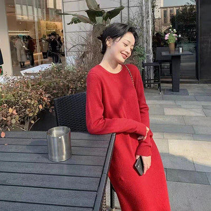 xakxx xakxx-Simple round neck pure cashmere knit dress women's knee-high autumn and winter new coat with long sweater skirt.