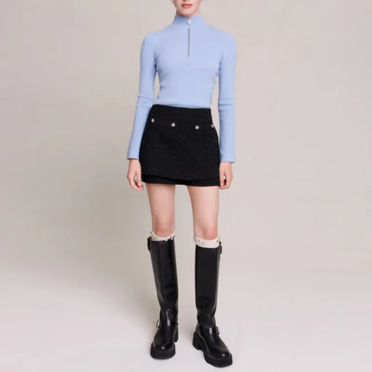 xakxx xakxx Fall Women's Clothing Elegant Temperament Zipper Slim Long-sleeved Knit Top Bottoming Shirt