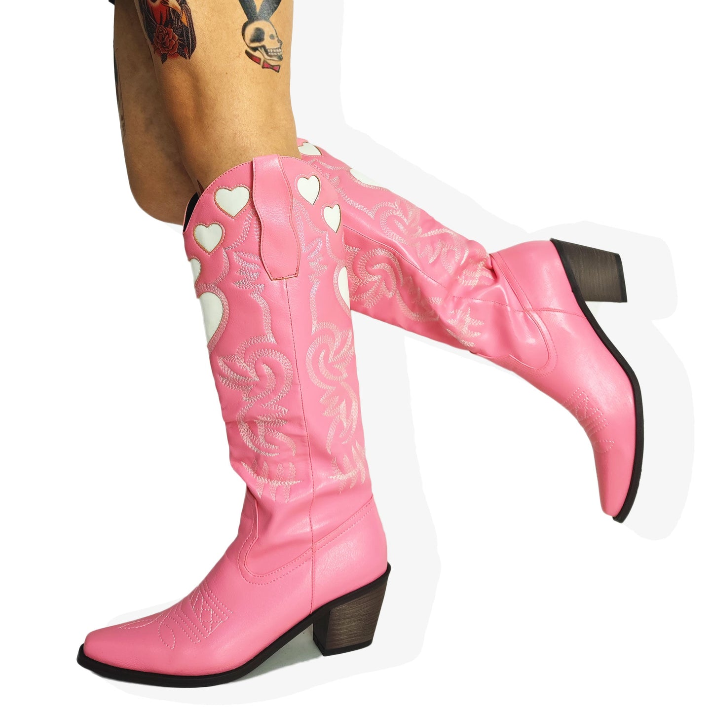 xakxx Halloween Cowboy Knee High Boots For Women Western Love Heart Slip On Stacked Heels Long Boots Pointed Toe Walking Casual Autumn Shoes