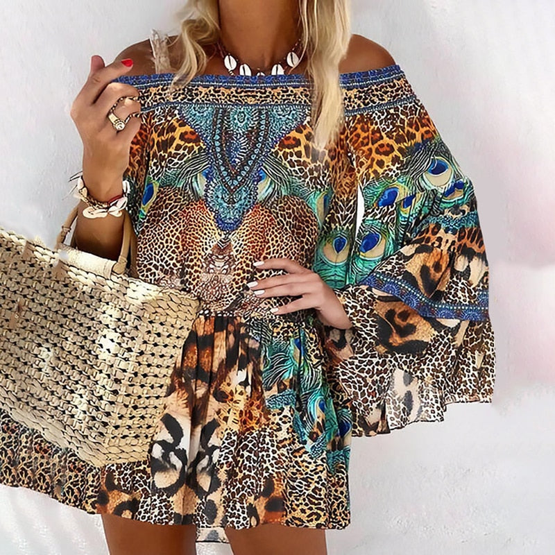 xakxx Back to School Women Off Shoulder Elegant Mini Dress Female Sexy Cocktail Party Dress Leopad Print Long Sleeve Dress