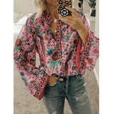 xakxx- Vintage Bird Flower Printed Blouse Women V Neck Button Long Sleeve Tops Autumn Chic Shirts Oversize 5Xl
