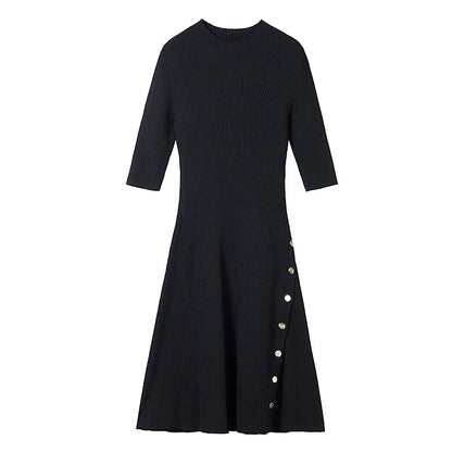 xakxx xakxx Summer Women Crew Neck Metalic Button Side Black Knited Mini Dress Office Lady Black Robe High Quality