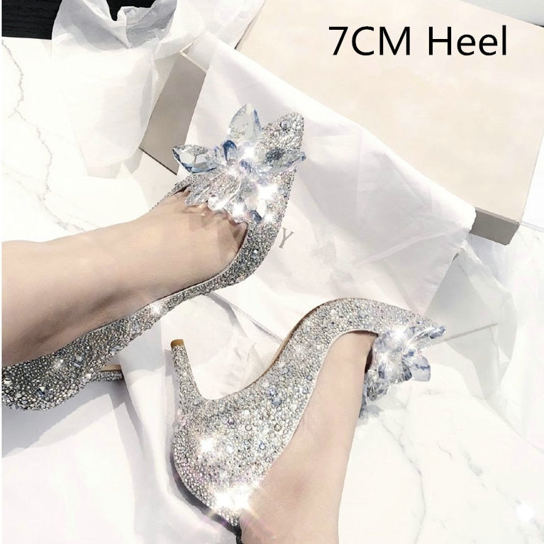 xakxx Newest  Cinderella Shoes Rhinestone High Heels Women Pumps Pointed Toe Woman Crystal Party Wedding Shoes 5Cm/7Cm/9Cm
