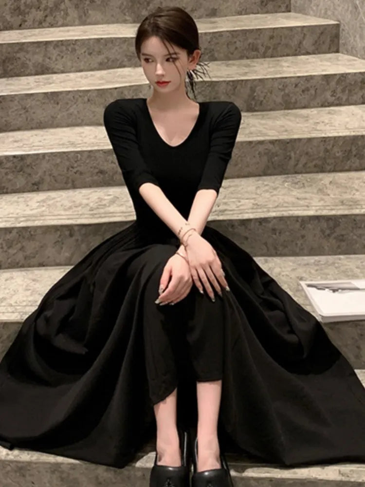 xakxx  Vintage Long Sleeve Midi Dress Fashion New Patchwork A-line Casual Female Clothes Vintage V-neck Slim Waist One Pieces Robe