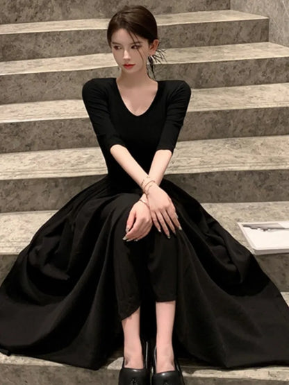 xakxx  Vintage Long Sleeve Midi Dress Fashion New Patchwork A-line Casual Female Clothes Vintage V-neck Slim Waist One Pieces Robe