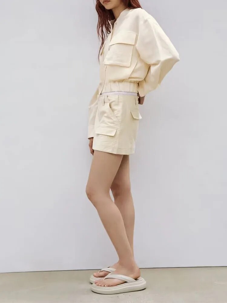xakxx - New women's temperament, fashion and vitality, linen blend bomber jacket, mid-waist hakama with pockets