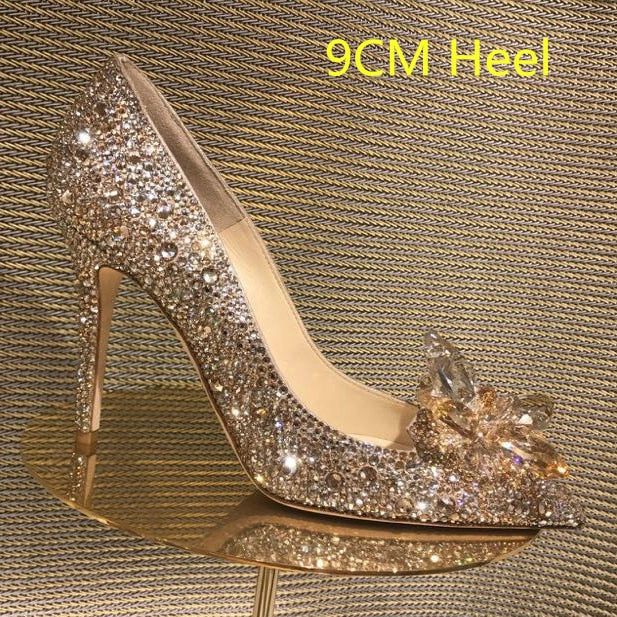 xakxx Newest  Cinderella Shoes Rhinestone High Heels Women Pumps Pointed Toe Woman Crystal Party Wedding Shoes 5Cm/7Cm/9Cm