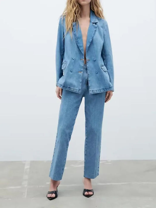 xakxx xakxx - New Women's Front Zipper and Matching Lined Button Closure Straight Barrel High Waist Jeans Double breasted Suit Coat