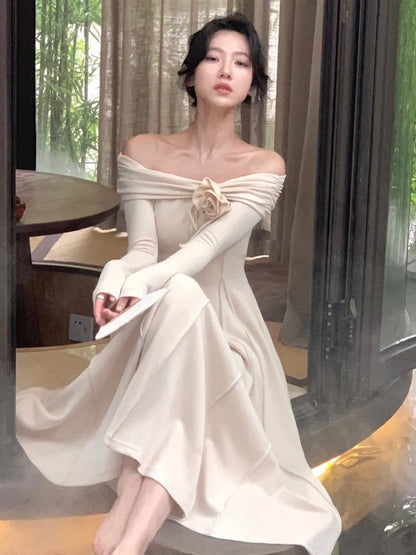 xakxx Fashion Women Elegant Off Shoulder Party Dress French Solid Lady Vintage Long Sleeve Maxi Dresses Sexy New Flora Vestidos Robe