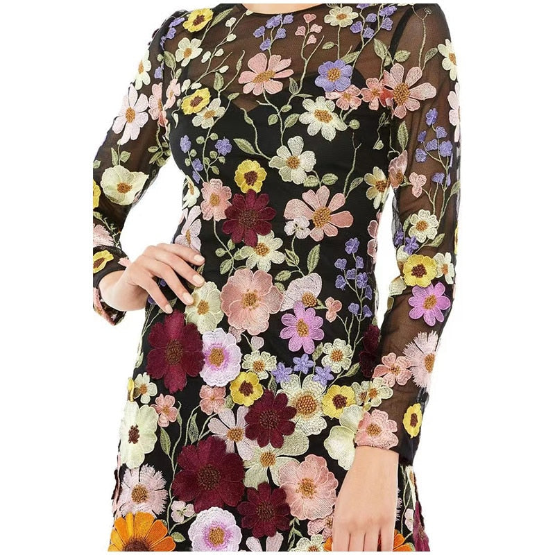xakxx Spring Chic Female High-quality Party Dresses Fashion Flower Embroidery Mini Dress Women Elegant Long Sleeve Applique Vestidos