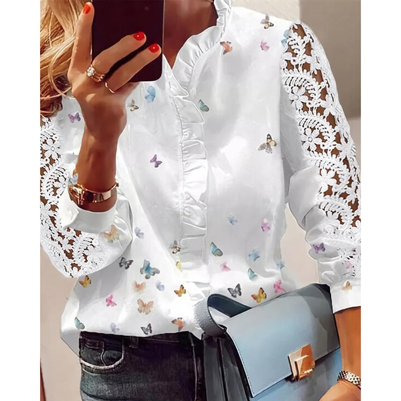xakxx xakxx Autumn outfits Women Elegant Fashion Butterfly Print Blouses Top Ruffled Trim  Casual Long Lace Sleeve Blouse