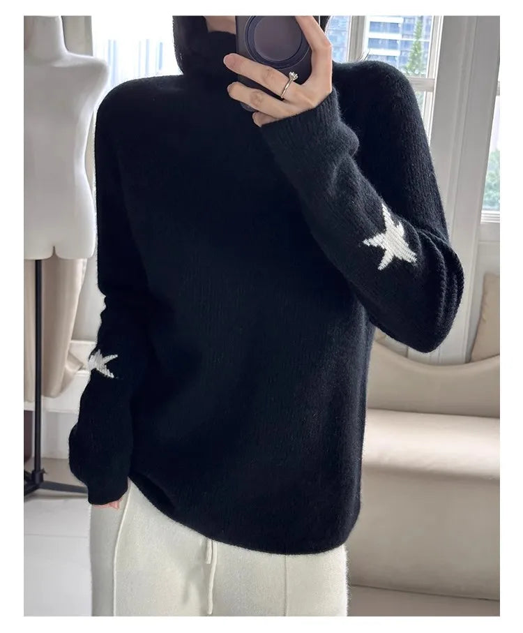 xakxx xakxx-Pure cashmere thick high-necked bottoming shirt female gold ingot needle pile collar knitted cuff star sweater