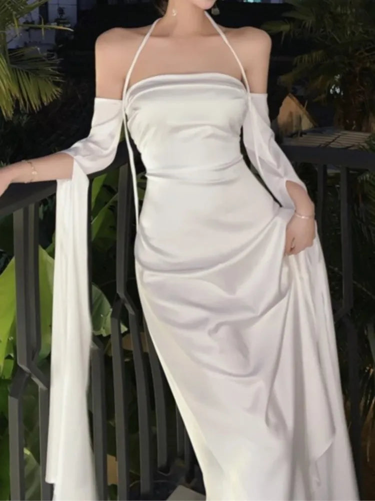 xakxx Fashion Women Casual Elegant Party White Dress Halter Vintage A-Line Prom Wedding Robe Female Outerwear Vestidos Clothes New
