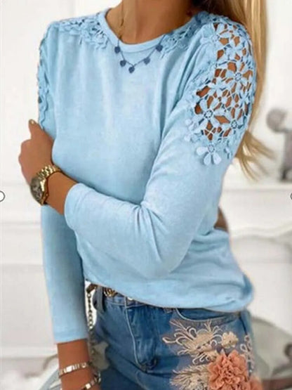 xakxx- Women Autumn Solid T Shirt Lace O Neck Long Sleeve Female Casual Loose Plus Size Blouse Tops 5Xl