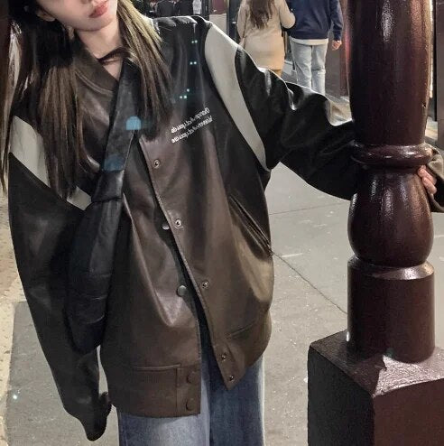 xakxx-Leather Coat Women  Autumn Vintage PU Loose Coffee Baseball Jacket Fashion Black Coat For Women