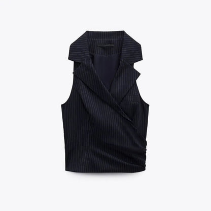 xakxx xakxx- Autumn New  Temperament Fashion Versatile Sexy Design Sense Small Polo Collar Sleeveless Pinstripe Suit Vest Vest