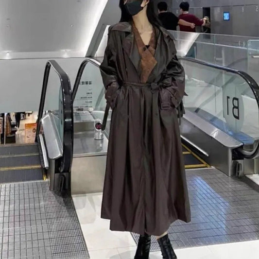 xakxx xakxx-Leather Long Trench Coat Women  Autumn Fashion Loose Coffee PU Windbreaker Trench Coat For Women Plus Size