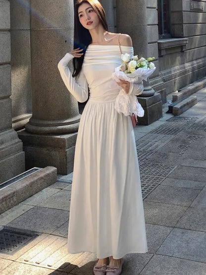 xakxx French Women Off Shoulder Midi Dress  Casual Female A-line One Pieces  Fashion Vintage Long Sleeve Lady Solid Casual Clothes