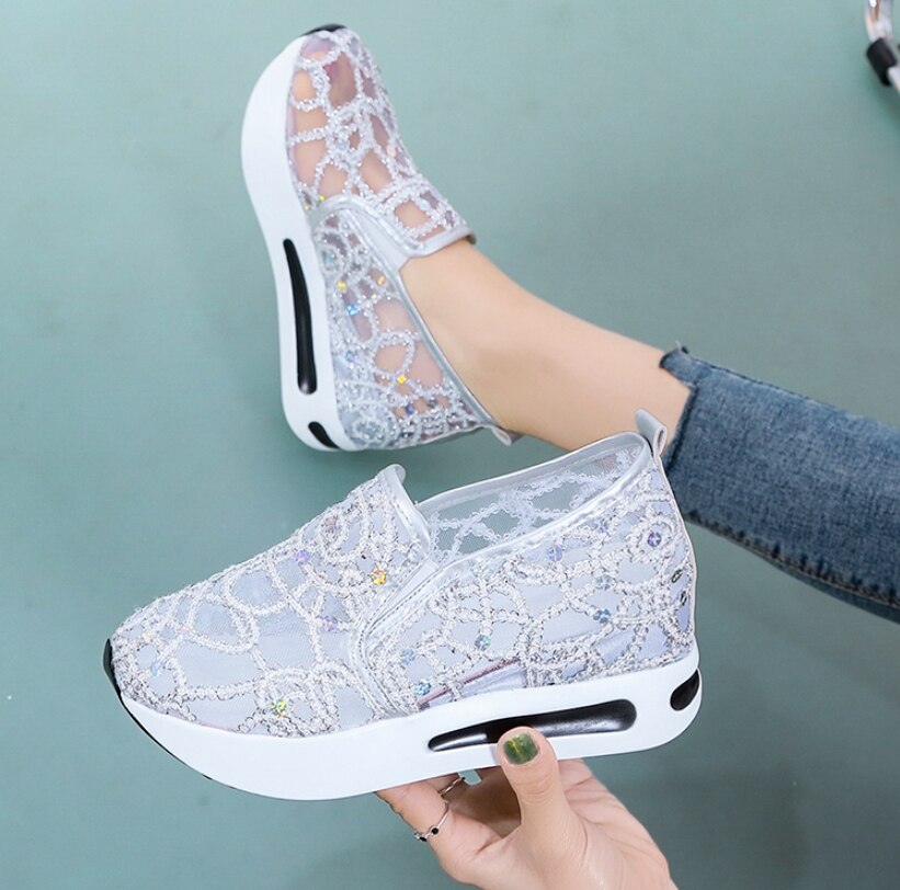 xakxx Female Wedge Shoes Sequin Mesh Breathable Shoes Women Gold Silver Platform Sneakers Women Height Increasing Wedges Casual Shoes
