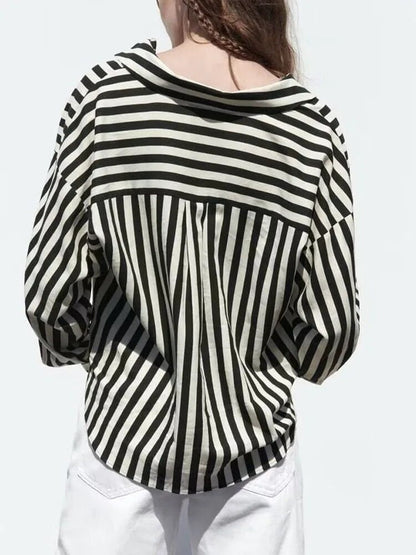 xakxx xakxx - New women's long-sleeved lapel V-neckline Front design with knot decoration Front breasted closure Linen blend stripe shirt