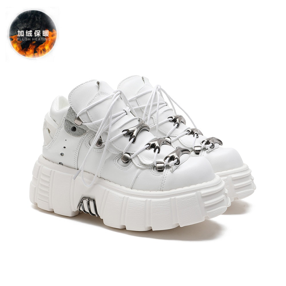 xakxx Halloween Women's Punk Style Leather Shoes Lace-Up Heel Height 6CM Platform Female Gothic Ankle Boots PU Metal Decor Thick Bottom Sneakers