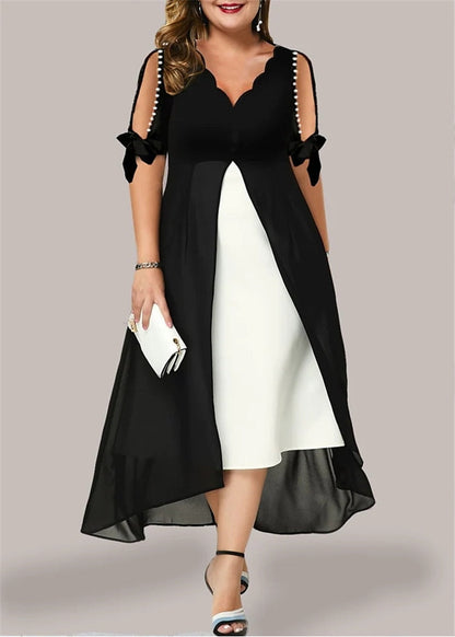 xakxx Women's Summer V-Neck Stitching Fake Two Pieces Of Rrregular Middle Sleeve Wavy Neck Sexy Hot Girl Dress