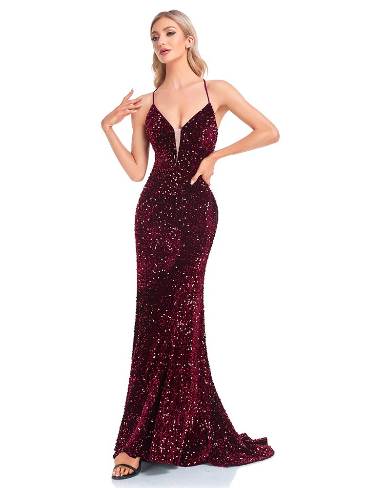 xakxx Luxury Deep V Neck Burgundy Sequin Evening Dress Guest Wedding Party Maxi Dress Mermaid Long Prom Dress Women