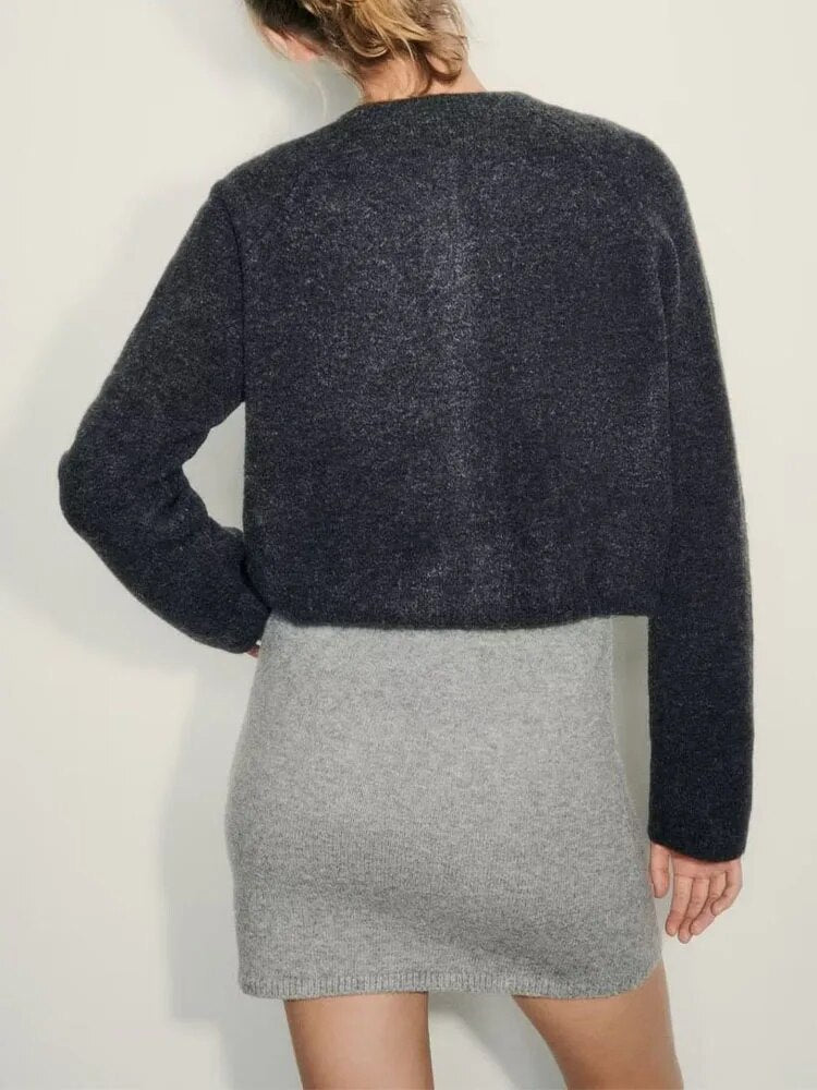 xakxx - Autumn new fashion casual versatile temperament small gray round neck cardigan sweater top short jacket