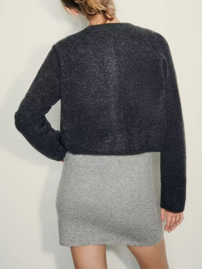 xakxx - Autumn new fashion casual versatile temperament small gray round neck cardigan sweater top short jacket