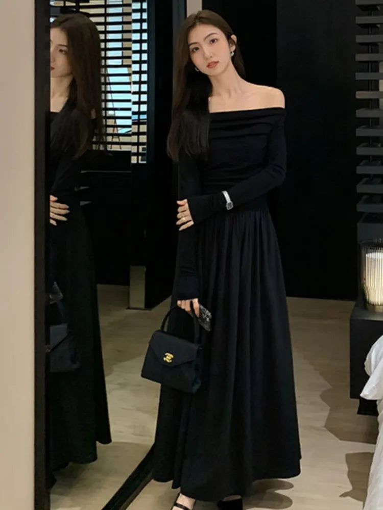 xakxx French Women Off Shoulder Midi Dress  Casual Female A-line One Pieces  Fashion Vintage Long Sleeve Lady Solid Casual Clothes